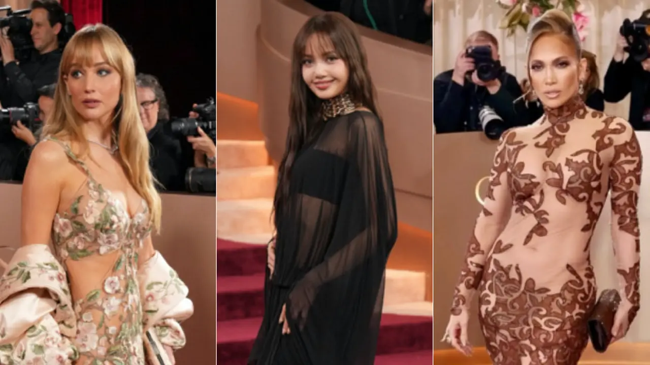 Jennifer Lawrence, Lisa Blackpink, dan Jennifer Lopez di Golden Globes 2026 dengan gaun transparan. [Copyright Associated Press/@jlo]