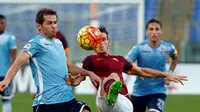 pemain AS Roma, Alessandro Florenzi (kanan), berebut bola dengan pemain Lazio, Senad Lulic, dalam lanjutan Serie A di Stadion Olimpico, Roma, Minggu (8/11/2015) malam WIB. (Reuters/Alessandro Bianchi)