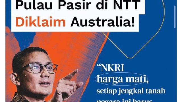 Foto dari Twitter Menparektaf Sandiaga Uno terkait Pulau Pasir.