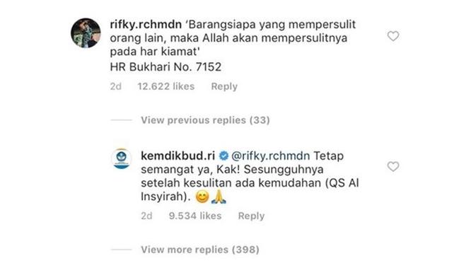 Balasan Admin Kemendikbud Soal Luapan Hati Siswa Saat UN (sumber: Instagram/rifky.rchmdn)
