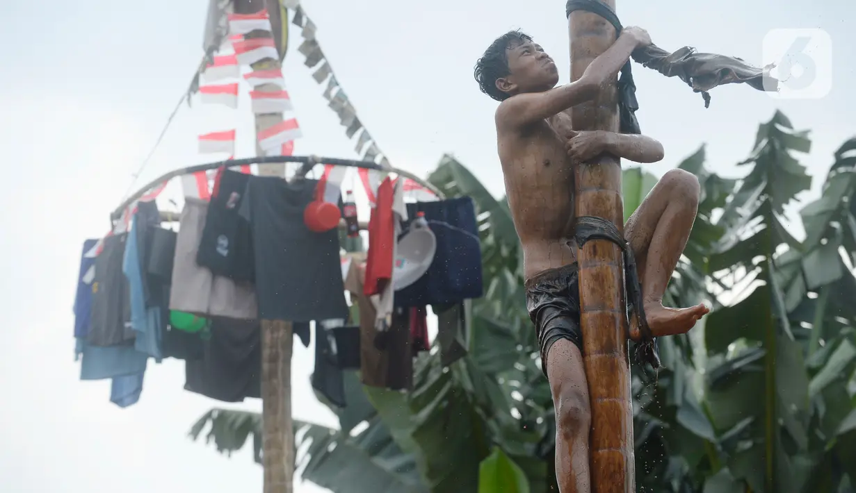 Peserta berusaha menggapai puncak dalam perlombaan panjat pinang di Kampung Bulak, Kelurahan Benda Baru, Pamulang, Tangerang Selatan, Senin (17/8/2020). Lomba di tengah masa pandemi itu guna memeriahkan HUT ke-75 Kemerdekaan RI. (merdeka.com/Dwi Narwoko)