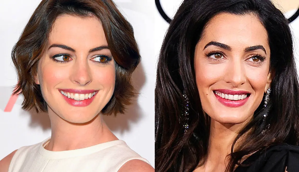 Anna Hathaway memang mengidolakan Amal Clooney. Namun siapa sangka kalau ternyata mereka memang sudah miliki wajah yang mirip? (Jason Merritt/Getty Images; Kevork Djansezian/NBC/NBC via Getty Images)