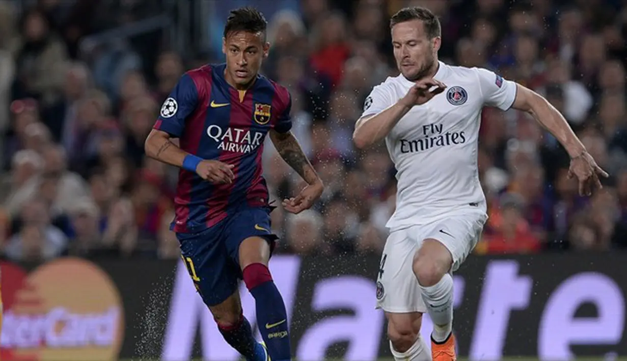 Yohan Kabaye (kanan) mencoba menghentikan Neymar (kiri) untuk membangkitkan semangat PSG. Sumber: UEFA.
