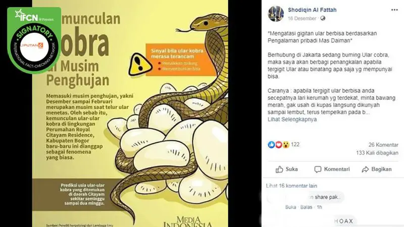 [Cek Fakta] Gambar Tangkapan Layar Infomasi tentang Ular Kobra