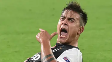 Penyerang Juventus, Paulo Dybala berselebrasi usai mencetak gol ke gawang Lokomotiv Moscow pada pertandingan lanjutan grup D Liga Champions di Stadion Allianz, Turin, Italia (22/10/2019). Dybala mencetak dua gol dan mengantar Juventus menang tipis 2-1 atas Lokomotiv Moscow. (Andrea Di Marco/ANSA via