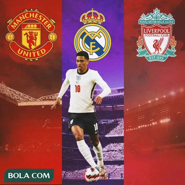 Ilustrasi - Jude Bellingham latar logo MU, Real Madrid, Liverpool