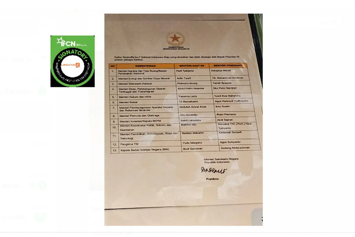 Tangkapan layar dokumen reshuffle menteri dan kepala lembaga negara