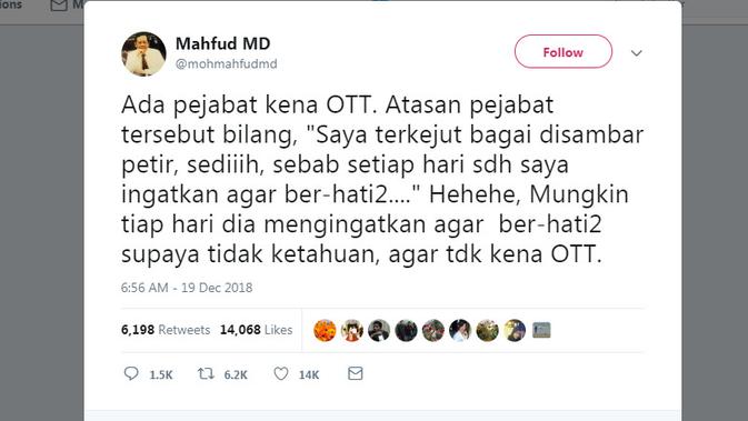 Cuitan Mahfud MD soal OTT KPK. (Twitter @mohmahfudmd)