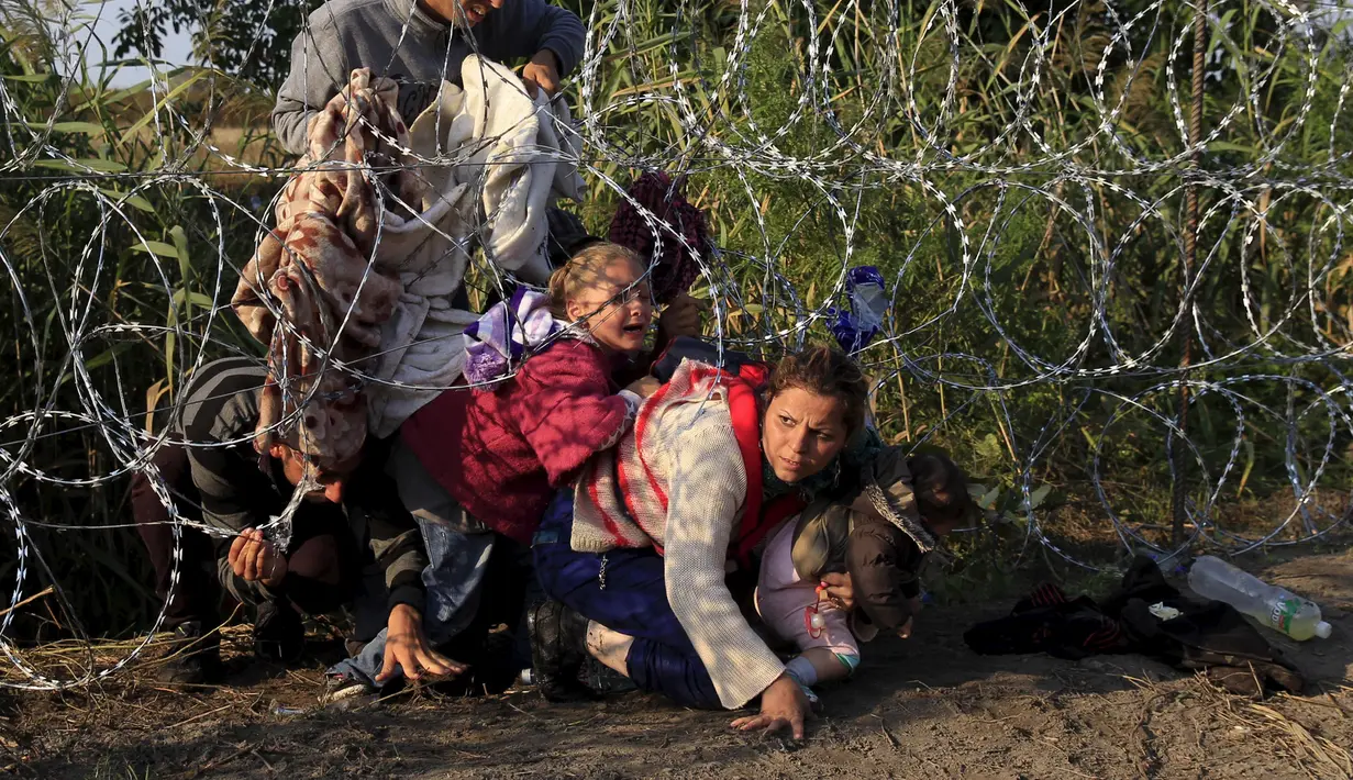 Imigran Suriah merangkak untuk melewati pagar berduri di wilayah Hungaria dekat perbatasan Serbia, wilayah Roszke, Kamis (27/8/2015). Hungaria berencana untuk memperketat perbatasan bagian selatannya dari para pengungsi. (REUTERS/Bernadett Szabo)