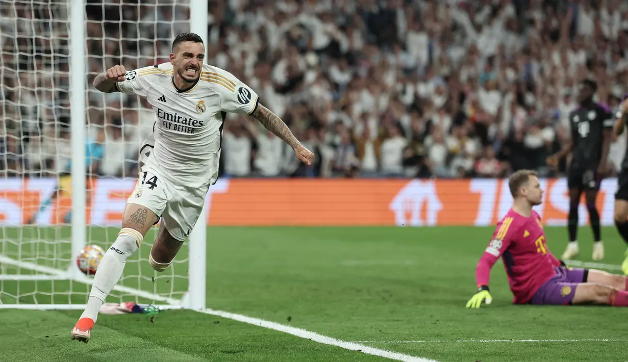 Dua gol Joselu yang dicetak pada menit ke-88 dan 90+1 memastikan kemenangan Real Madrid atas Bayern Munchen dengan skor 2-1. (Thomas COEX / AFP)