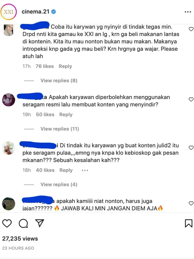 Akun Instagram cinema XXI digeruduk netizen. (Foto: Dok. Instagram @cinema.21)