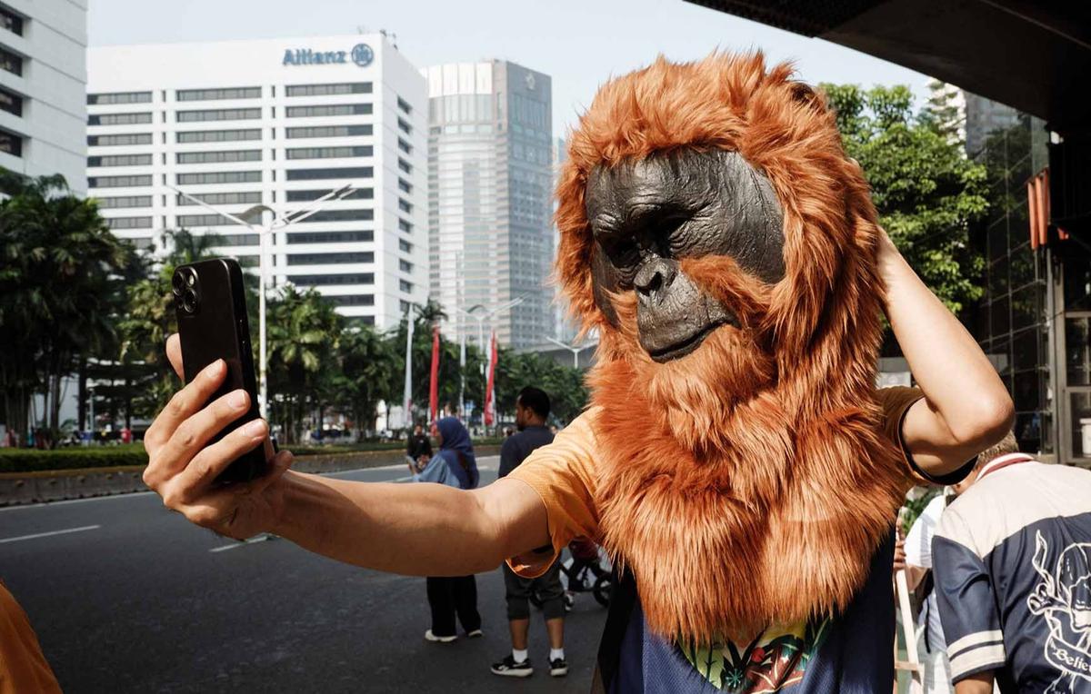 FOTO: Gowes Berkostum Orangutan di Jakarta, Seruan untuk Selamatkan Habitat Satwa Langka