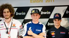 Momen konferensi pers MotoGP Portugal yang melibatkan: Marco Simoncelli, Jorge Lorenzo dan Dani Pedrosa. (Zimbio)