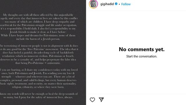 Unggahan Gigi Hadid mengenai situasi Israel-Palestina. (Instagram/ gigihadid)