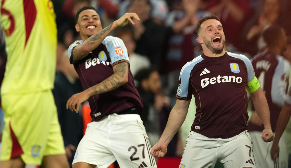 Kemenangan 4-0 atau agregat 4-1 membuat Aston Villa melaju ke babak final Liga Europa 2025/2026. Mereka dijadwalkan akan melawan Freiburg dalam partai puncak yang akan berlangsung pada Rabu (20/05) waktu setempat di Tüpraş Stadium, Istanbul, Turki.  (AP Photo/Dave Shopland)