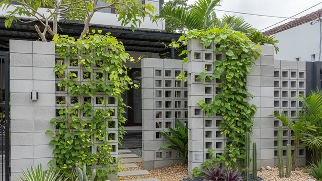 Inspirasi Taman Kering Depan Rumah dengan Kombinasi Roster dan Tanaman Tropis (Image by Gemini AI)