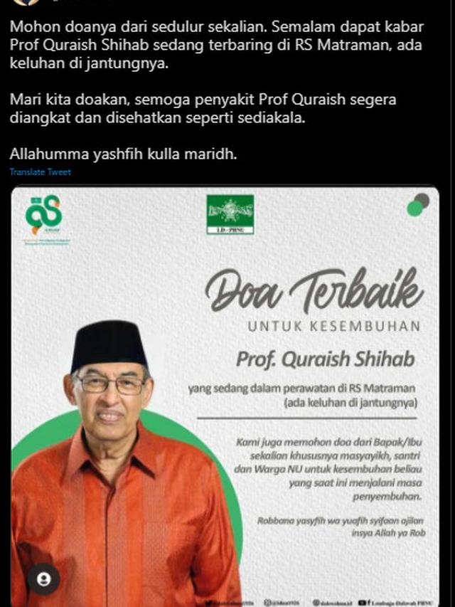 Kabar Quraish Shihab Dirawat di Rumah Sakit, Disebut Ada Keluhan Jantung