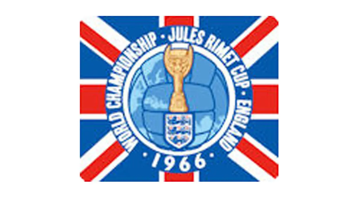 Logo Piala Dunia tahun 1966 di Inggris. Bendera Inggris menjadi latar. Bola, Piala Jules Rimet dan Logo Sepakbola Inggris menjadi pusat dari logo. (Istimewa)