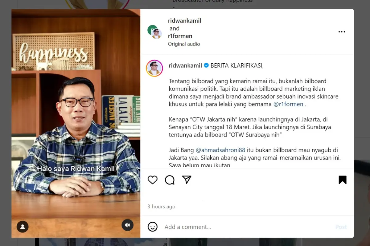 Bukan bakal maju di Pilkada DKI Jakarta 2024, Mantan Gubernur Jawa Barat yang juga merupakan politikus Partai Golkar Ridwan Kamil (RK) akhirnya buka suara terkait baliho OTW Jakarta dirinya yang sempat viral. Apa itu?