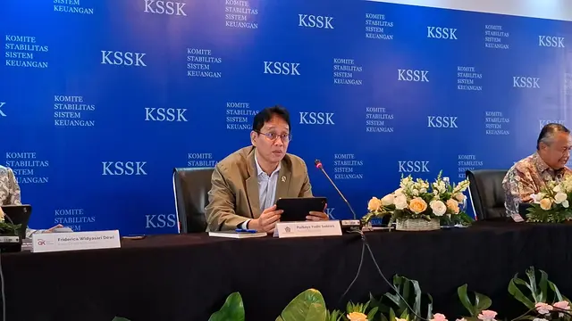Konferensi pers Hasil Rapat KSSK II Tahun 2026, di Komplek Bank Indonesia (BI), Jakarta, Kamis (7/5/2026). (Liputan6.com/Arief)