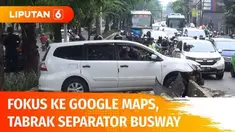 Gagal mendahului kendaraan lain sambil fokus ke google map, minibus tabrak beton separator busway di Jalan Sultan Iskandar Muda Kebayoran Lama, Jakarta Selatan.