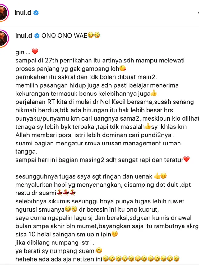 Unggahan Inul Daratista. (Foto: Dok. Instagram @inul.d)