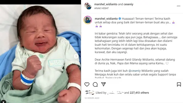 Unggahan Marshel Widianto mengenai kelahiran anaknya. (Instagram/ marshel_widianto)
