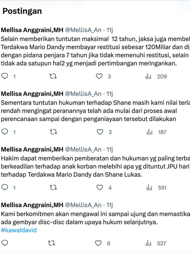 Pernyataan sikap pengacara David Ozora, Mellisa Anggraini. (Foto: Dok. Twitter @MellisA_An)
