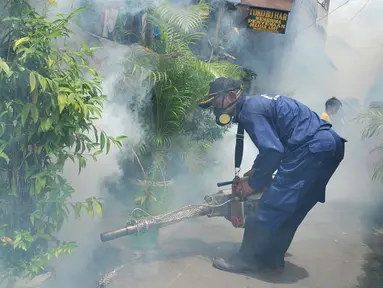 Seorang petugas melakukan pengasapan (fogging) di pemukiman warga di Kebayoran Baru, Jakarta, Sabtu (13/2). Fogging dilakukan guna mencegah wabah penyakit demam berdarah yang sering muncul pada musim hujan. (Liputan6.com/Gempur M Surya)