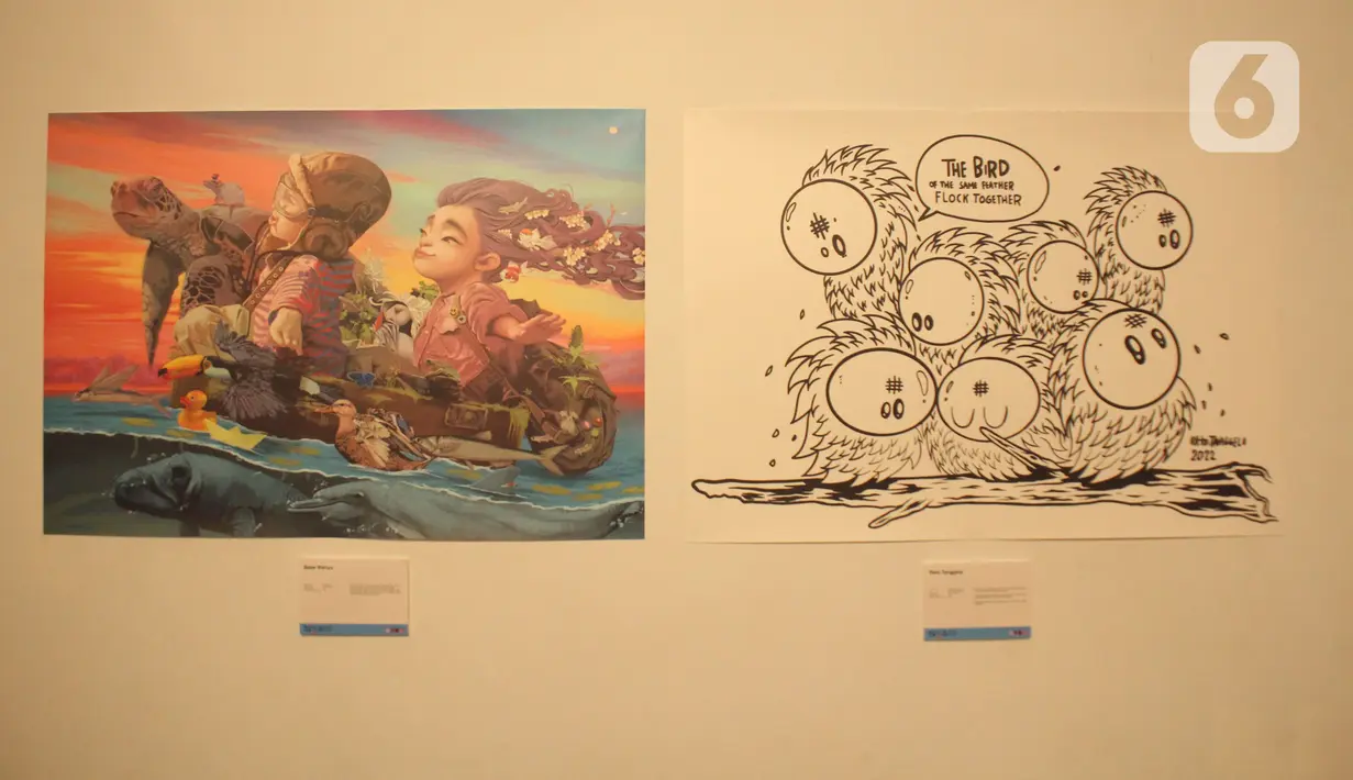 Poster terlihat selama pameran seni rupa dalam acara Gebyar Ekraf di Bogor Creative Center, Kota Bogor, Minggu (11/12/2022). Gebyar Ekonomi Kreatif menjadi sarana masyarakat mengeksplor produk kreatif dan melihat karya seniman lokal asal Bogor. (Liputan6.com/Magang/Aida Nuralifa)