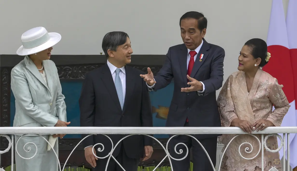 Presiden Jokowi menerima kunjungan kenegaraan Kaisar Jepang Naruhito di Istana Kepresidenan, Bogor. (Bay Ismoyo/Pool Photo via AP)