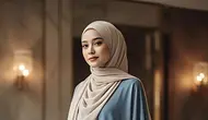 Paduan Blouse Asimetris Dusty Blue dengan Pashmina Lilit Rapi (created by Meta AI)