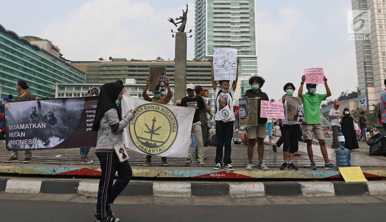 Sejumlah masyarakat yang tergabung dalam organisasi Lingkar Ganja Nusantara (LGN) Jakarta melakukan aksi yang bertajuk Selamatkan Hutan Indonesia pada Car Free Day di Kawasan Bundaran HI, Jakarta, Minggu (29/9/2019).  (Liputan6.com/Herman Zakharia)