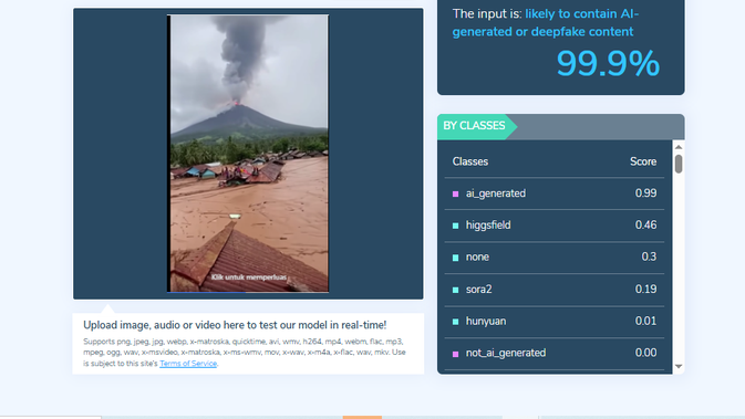 Tangkapan layar perangkat pendeteksi AI pada situs hivemoderation.com menunjukan hasil penelusuran klaim video erupsi gunung di tengah banjir Sibolga  99% mengandung konten yang dihasilkan AI atau deepfake.