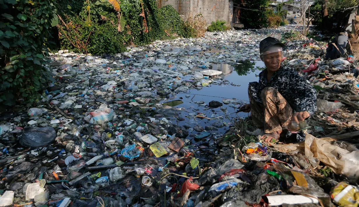 Pemulung mengumpulkan sampah plastik di Kali Bahagia, Bekasi, Jawa Barat, Kamis (1/8/2019). Bobot sampah di Kali Bahagia ditaksir tembus 400 ton. (AP Photo/Tatan Syuflana)