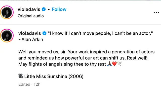Unggahan dukacita Viola Davis untuk meninggalnya Alan Arkin. (Foto: Dok. Instagram @violadavis)