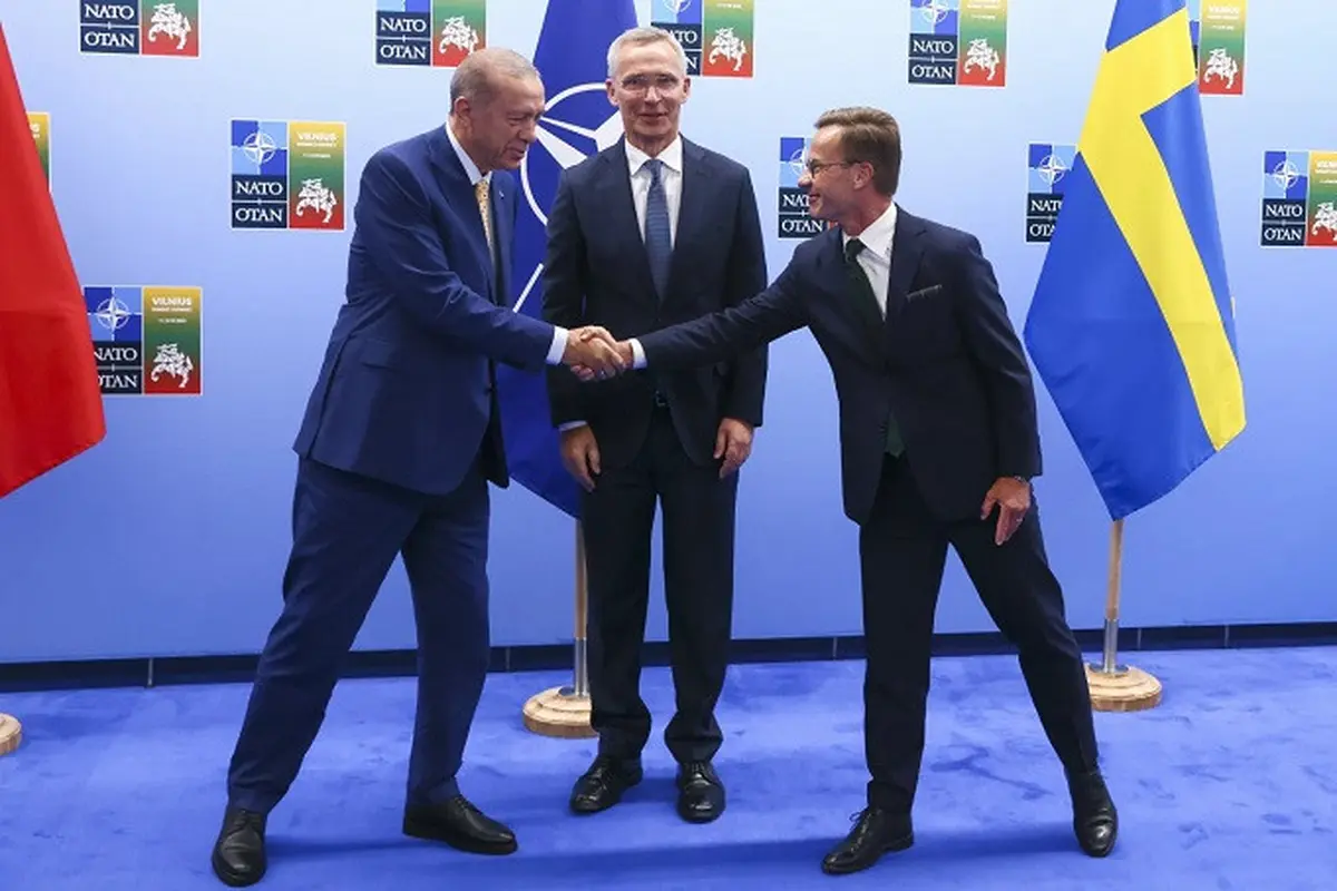 Presiden Turki Recep Tayyip Erdogan, Perdana Menteri Swedia Ulf Kristersson, dan Sekretaris Jenderal NATO Jens Stoltenberg.