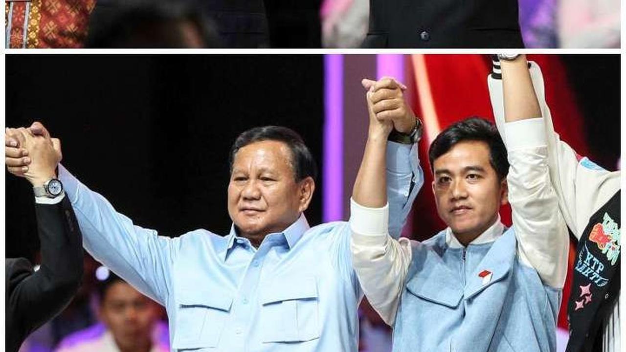 FOTO: Adem, Capres-Cawapres Kompak Bergandeng Tangan Usai Debat Terakhir Pilpres 2024