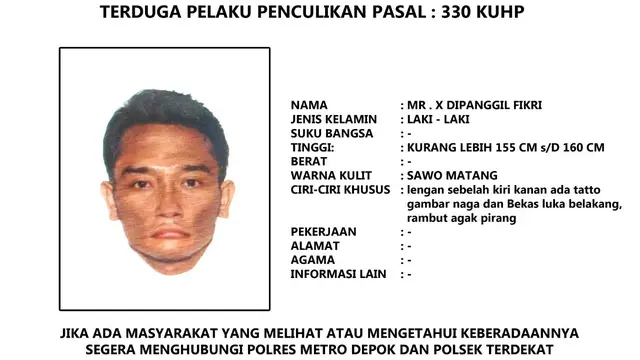 Polres Depok merilis sketsa wajah terduga penculik 8 anak di Depok