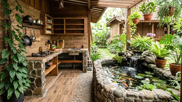 Desain Dapur Semi Outdoor dengan Kolam Ikan Mini