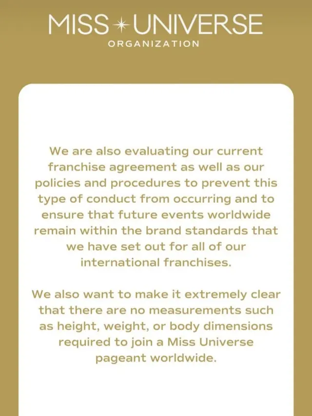Pernyataan tertulis Organisasi Miss Universe. (Foto: Dok. Instagram @missuniverse)