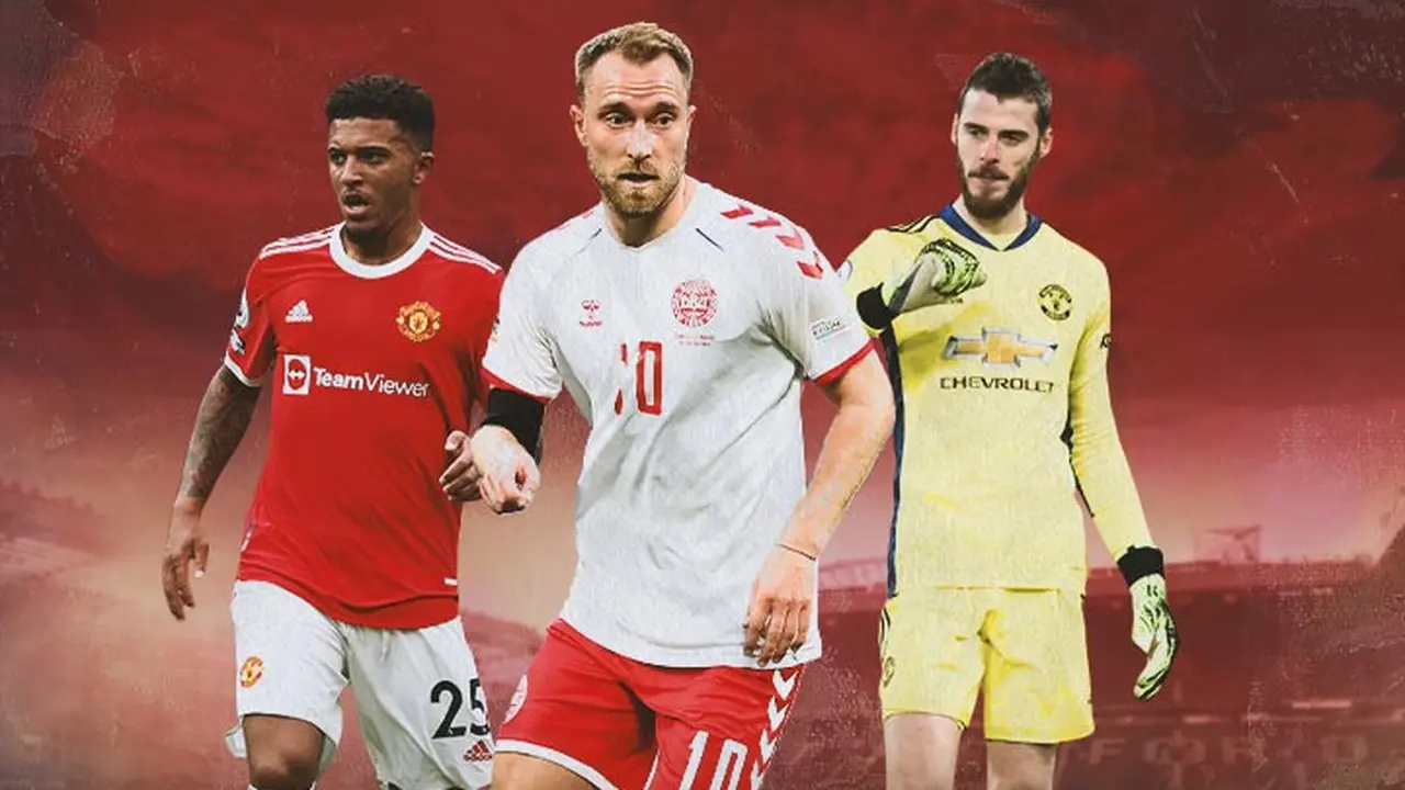 Ilustrasi - Christian Eriksen dikelilingi Jadon Sancho dan David De Gea