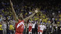 Ekspresi Kawhi Leonard pebasket andalan Toronto Raptors merayakan titel juara NBA pertama bagi klub Raptors. Di gim keenam ia berhasil mencetak 22 poin. (AP Photo/Ben Margot)