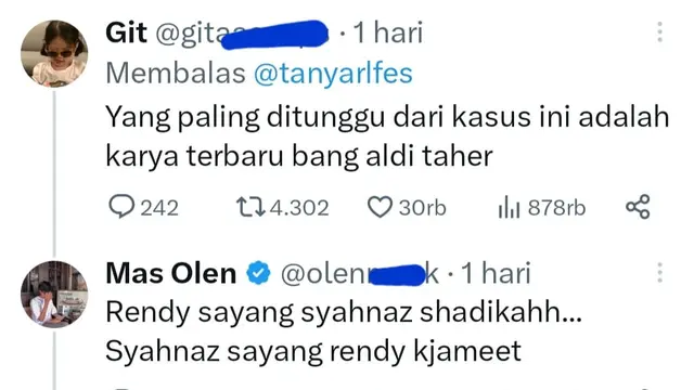 Unggahan netizen yang menanti lagu baru Aldi Taher soal kasus Syahnaz Sadiqah. (Foto: Dok. Twitter Indonesia)