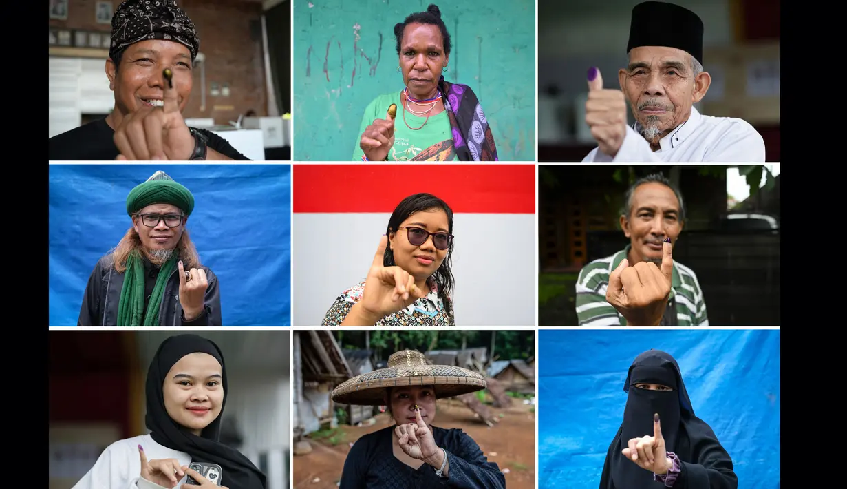 Foto kombinasi yang dibuat pada tanggal 14 Februari 2024 ini menunjukkan orang-orang yang menunjukkan jari-jari mereka yang telah bertinta setelah memberikan suara dalam pemilihan presiden dan legislatif di berbagai lokasi di Indonesia. (Foto oleh AFP)