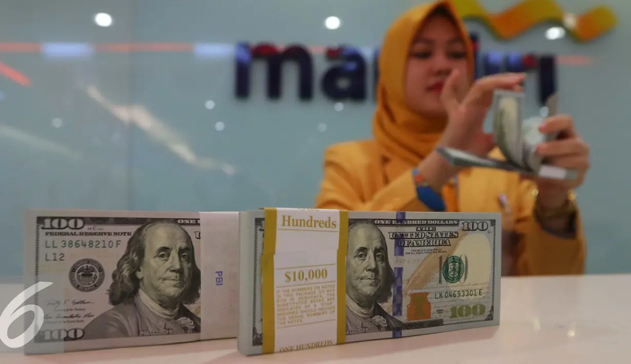 Petugas tengah menata mata uang dolar di Jakarta, Rabu (13/9). Dolar AS mulai menguat terhadap rupiah. (Liputan6.com/Angga Yuniar)