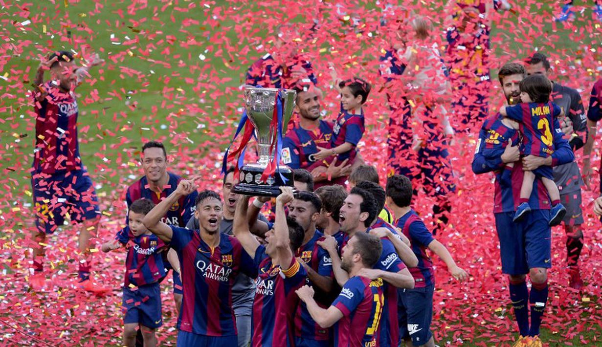 Momen perayaan juara La Liga musim 2014/2015 Barcelona di Camp Nou (AFP PHOTO / JOSEP LAGO)