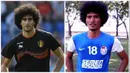 Gelandang Madura United, Ahmad Maulana, memiliki kemiripan gaya rambut dan juga postur tubuh dengan gelandang Manchester United asal Belgia, Marouane Fellaini. (AFP-Bola.com)