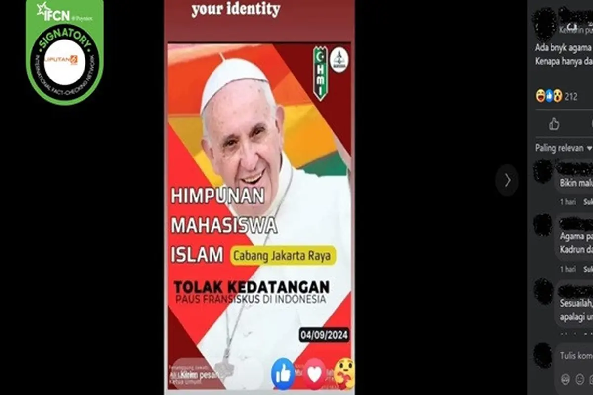 Gambar tangkapan layar poster berisi penolakan atas kedatangan Paus Fransiskus yang diklaim berasal dari HMI. (sumber: Facebook)