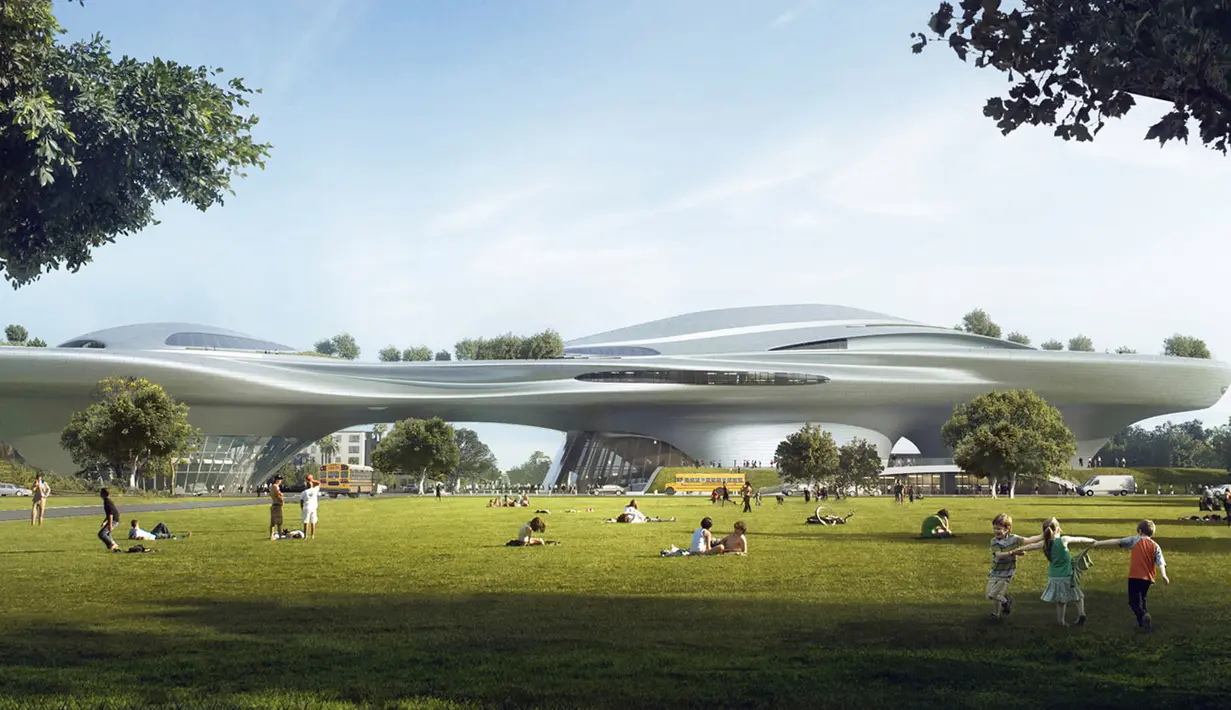 Sudut lain desain konsep Lucas Museum dengan lokasi di Exposition Park di Los Angeles, AS (1/3). Lucas Museum nantinya akan menampilkan koleksi seni pribadi sang pembuat film legendaris, George Lucas. (Lucas Museum of Narrative Art via AP)